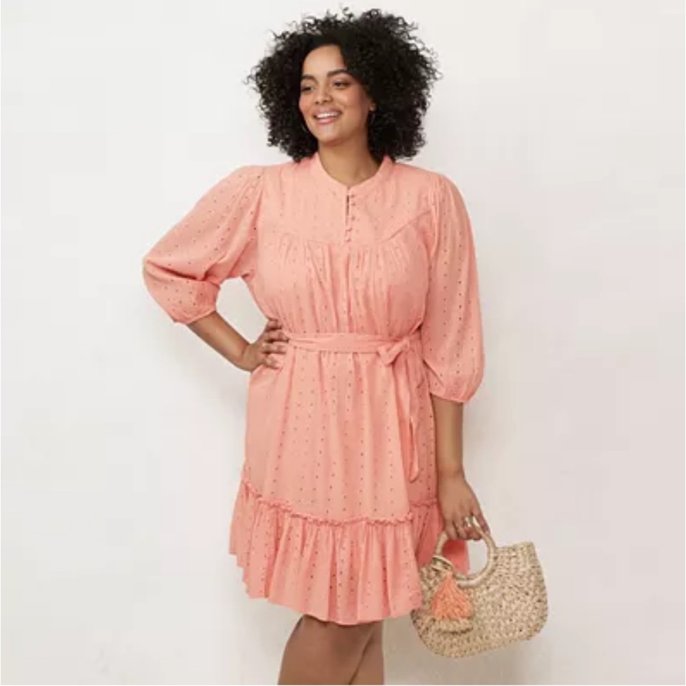 LC Lauren Conrad Coral Pink Cotton Embroidered Eyelet Ruffled Hem Lined Dress